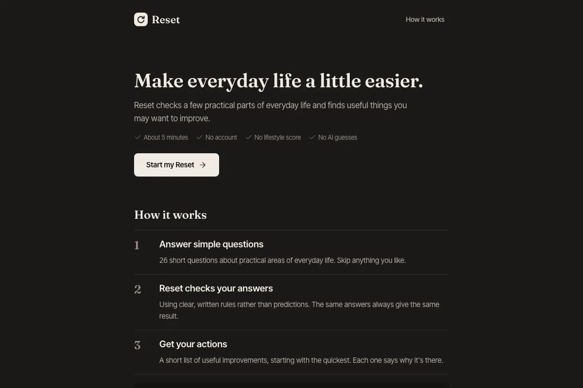 Reset's opening screen, headed 'Make everyday life a little easier.', with notes reading about 5 minutes, no account, no lifestyle score and no AI guesses, a 'Start my Reset' button, and three steps: answer simple questions, Reset checks your answers, get your actions.